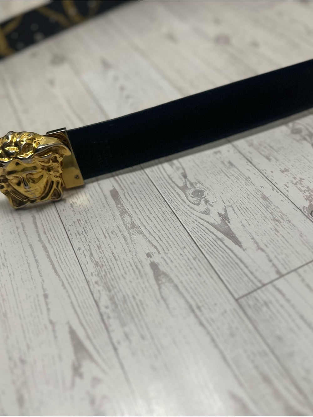 Black Leather Versace Belt with Gold Medusa Buckle